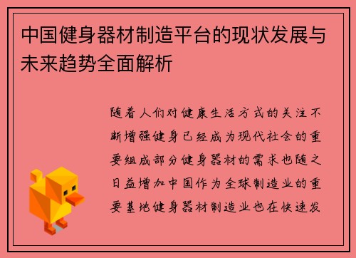 中国健身器材制造平台的现状发展与未来趋势全面解析