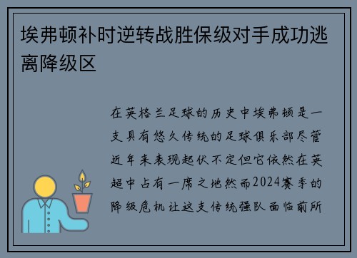 埃弗顿补时逆转战胜保级对手成功逃离降级区