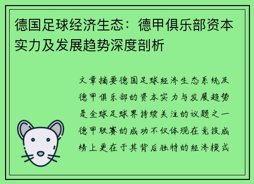 德国足球经济生态：德甲俱乐部资本实力及发展趋势深度剖析