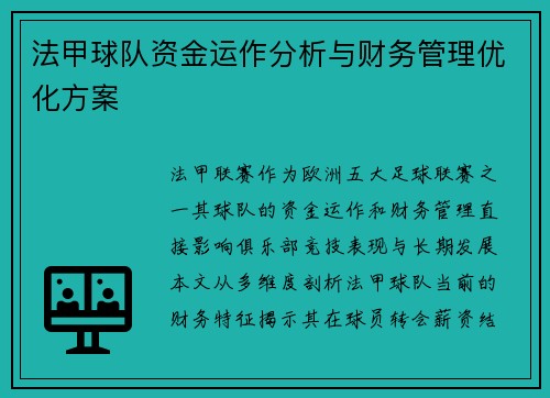 法甲球队资金运作分析与财务管理优化方案